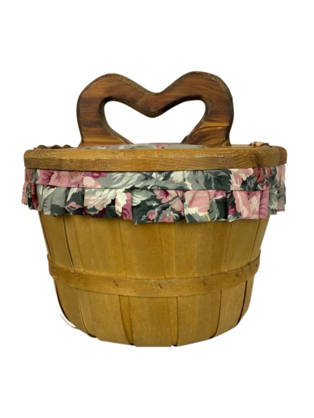 Wooden Sewing Knitting Basket Heart Handle & Fabric Liner Rustic Farmhouse